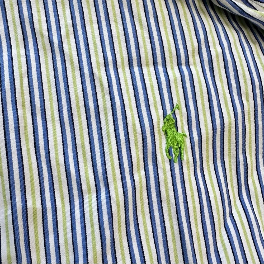 Polo Ralph Lauren Button Shirt Large Blue Striped Green Pony Long Sleeve Classic